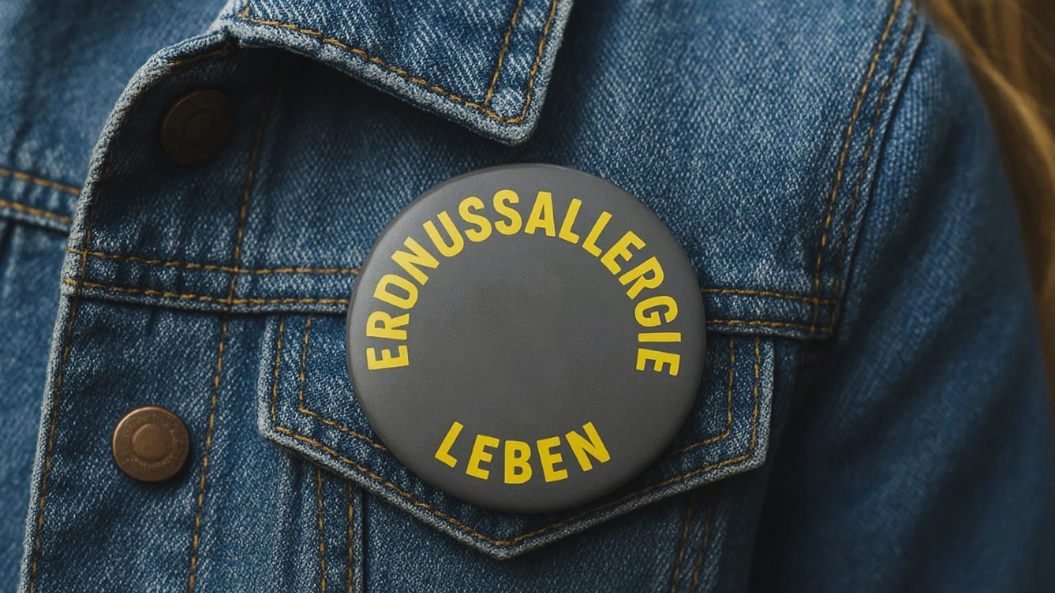 Button auf einer Jeansjacke mit dem Slogan Erdnuss Leben